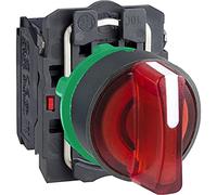 Schneider Electric Illuminated selector switch, Harmony XB5, grey plastic, red handle, 22mm, 3 positions, universal LED, 1NO + 1NC, 24V AC DC