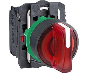 Schneider Electric Illuminated selector switch, Harmony XB5, grey plastic, red handle, 22mm, 3 positions, universal LED, 1NO + 1NC, 24V AC DC