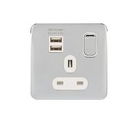 Schneider Electric Lisse Screwless Deco 1G 13A Sw SO SP w/ 2USB WPC, USB, Polished Chrome/White, 1 Gang