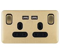 Schneider Electric Lisse Screwless Deco 2G 13A Sw SO SP w/ 2USB BSB, USB, Satin Brass, 2 Gangs