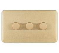 Schneider Electric Lisse Screwless Deco - 3 Gang Universal 2 Way Dimmer Light Switch, 250 W/VA, GGBL6032CSBS, Satin Brass