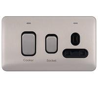 Schneider Electric Lisse Screwless Deco - Single Cooker Control Unit with Socket, Double Pole with Neon Indicator, 45A, GGBL4001BSS, Stainless Steel with Black Insert