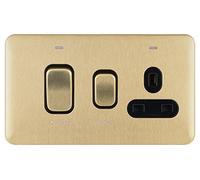 Schneider Electric Lisse Screwless Deco - Single Cooker Control Unit with Socket, Double Pole with Neon Indicator, 45 A, GGBL4001BSB, Satin Brass with Black Insert