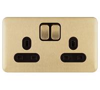 Schneider Electric Lisse Screwless Deco - Switched Double Power Socket Double Pole, 13 A, GGBL3020DBSB, Satin Brass with Black Insert