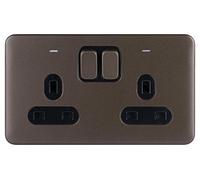 Schneider Electric Lisse Screwless Deco - Switched Double Power Socket, Double Pole, With Neon Indicator, 13A, GGBL3021DBMB, Mocha Bronze With Black Insert