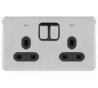 Schneider Electric Lisse Screwless Deco - Switched Double Power Socket, Double Pole, with Neon Indicator, 13A, GGBL3021DBPC, Polished Chrome with Black Insert