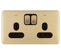 Schneider Electric Lisse Screwless Deco - Switched Double Power Socket, Double Pole, with Neon Indicator, 13A, GGBL3021DBSB, Satin Brass with Black Insert