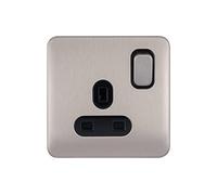 Schneider Electric Lisse Screwless Deco - Switched Single Power Socket, 13 A, GGBL3010BSS, Stainless Steel with Black Insert