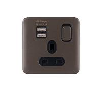 Schneider Electric Lisse Screwless Deco - Switched Single Power Socket, 13A, Single Pole, with 2 USB Charging Ports, 2.1A shared, GGBL30102USBABMBS, Mocha Bronze with Black Insert