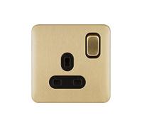 Schneider Electric Lisse Screwless Deco - Switched Single Power Socket Double Pole, 13 A, GGBL3010DBSB, Satin Brass with Black Insert