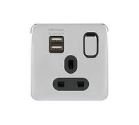 Schneider Electric Lisse Screwless Deco - Switched Single Power Socket with USB Charging Ports, Single Pole, 13A, GGBL30102USBABPCS, Polished Chrome with Black Insert
