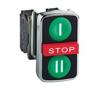 Schneider Electric Triple-headed push button, metal, Ø22, marked, 1 green flush I + 1 red projecting STOP + 1 green flush II, 2 NO + 1 NC