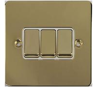 Schneider Electric Ultimate Flat Plate - 3 Gang Rocker 2 Way Light Switch, Single Pole, 16AX, GU1232WPB, Polished Brass with White Insert