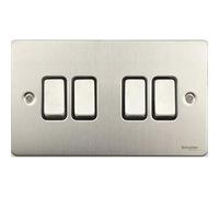 Schneider Electric Ultimate Flat Plate - 4 Gang Rocker 2 Way Light Switch, 16AX, GU1242BSS, Stainless Steel With Black Insert