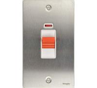 Schneider Electric Ultimate Flat Plate - Single Light Switch, with Neon Indicator, Double Pole, 32A, GU4231WSS, Stainless Steel with White Insert