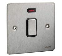Schneider Electric Ultimate Flat Plate - Single Light Switch, with Neon Indicator, Double Pole, 32A, GU4231BSS, Stainless Steel with Black Insert