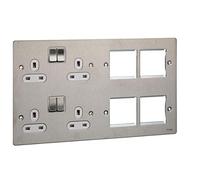 Schneider Electric Ultimate Flat Plate - Switched 4 Gang Power Socket, Double Pole, With Combination Media Plate, GU32204DMPWSS, Stainles Steel With White Insert