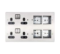 Schneider Electric Ultimate Flat Plate - Switched 4 Gang Power Socket, Double Pole, with Combination Media Plate, GU32204DMPBPC, Polished Chrome with Black Insert