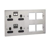 Schneider Electric Ultimate Flat Plate - Switched 4 Gang Power Socket, Double Pole, With Combination Media Plate, GU32204DMPBSS, Stainless Steel With Black Insert