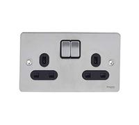 Schneider Electric Ultimate Flat Plate - Switched Double Power Socket, Double Pole, 13A, GU3220BSS, Stainless Steel with Black Insert, 2 Gangs