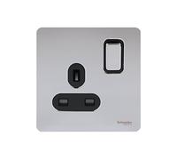 Schneider Electric Ultimate Screwless Flat Plate 13a Switched Single Socket Polished Chrome Black Insert