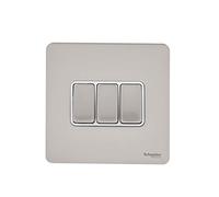 Schneider Electric Ultimate Screwless Flat Plate - 3 Gang Toggle 2 Way Light Switch, Single Pole, 16AX, GU1432WPN, Pearl Nickel with White Insert