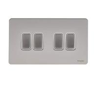 Schneider Electric Ultimate Screwless Flat Plate - 4 Gang Rocker 2 Way Light Switch, Single Pole, 16AX, GU1442WPN, Pearl Nickel with White Insert