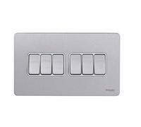 Schneider Electric Ultimate Screwless Flat Plate - 6 Gang Rocker 2 Way Light Switch, Single Pole, 16AX, GU1462WSS, Stainless Steel with White Insert