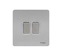 Schneider Electric Ultimate Screwless Flat Plate - Double 2 Way Rocker Light Switch Single Pole, 16AX, GU1422WSS, Stainless Steel with White Insert, 2 Gang