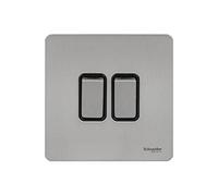 Schneider Electric Ultimate Screwless Flat Plate - Double Rocker 2 Way Light Switch, Single Pole, 16AX, GU1422BSS, Stainless Steel with Black Insert