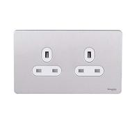 Schneider Electric Ultimate Screwless Flat Plate - Double Unswitched Power Socket, 13A, GU3460WSS, Stainless Steel with White Insert