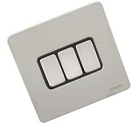 Schneider Electric Ultimate Screwless Flat Plate - Rocker 2 Way Light Switch, Single Pole, 16AX, GU1432BSS, Stainless Steel with Black Insert, 3 Gangs