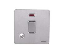 Schneider Electric Ultimate Screwless Flat Plate - Single Light Switch, Double Pole, 20AX, with Neon Indicator and Flex Outlet, GU2414WSS, Stainless Steel with White Insert