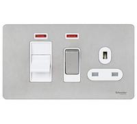 Schneider Electric Ultimate Screwless Flat Plate - Switched Cooker Control Unit with 13A Socket and Neon Indicator, 45A, GU4401WSS, Stainless Steel with White Insert