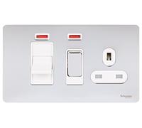 Schneider Electric Ultimate Screwless Flat Plate - Switched Single Cooker Control Unit with Socket, Double Pole with Neon Indicator, 45A, GU4401WPC, Polished Chrome with White Insert