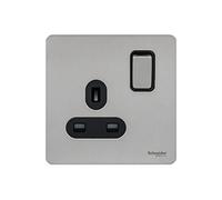 Schneider Electric Ultimate Screwless Flat Plate - Switched Single Power Socket, 13A, GU3410BSS, Stainless Steel with Black Insert, 1 Gang
