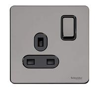 Schneider Electric Ultimate Screwless Flat Plate - Switched Single Power Socket, Single Pole, 13A, GU3410BBN, Black Nickel With Black Insert