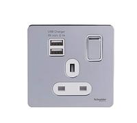 Schneider Electric Ultimate Screwless Flat Plate - Switched Single Power Socket with USB Charging Ports, Double Pole, 13A, GGBGU34102USBAWPC, Polished Chrome with White Insert, 1 Gang