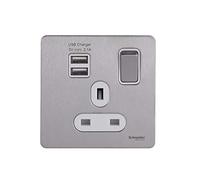 Schneider Electric Ultimate Screwless Flat Plate - Switched Single Power Socket with USB Charging Ports, Double Pole, 13A, GGBGU34102USBAWSS, Stainless Steel with White Insert