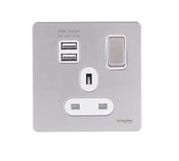 Schneider Electric Ultimate Screwless Flat Plate - Switched Single Power Socket with USB Charging Ports, Double Pole, 13A, GGBGU34102USBAWPN, Pearl Nickel with White Insert