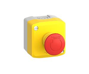 Schneider Electric yellow station - 1 red mushroom head pushbutton Ø40 turn to release 1NO+1NC