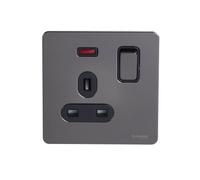 Schneider Usfp 13A Double Pole 1G Switched Socket Neon Black Insert Black Nickel