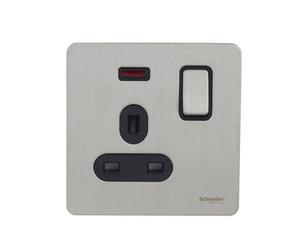 Schneider Usfp 13A Double Pole 1G Switched Socket W/neon Black Insert Steel