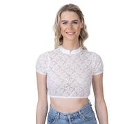 Schöneberger Trachten Couture Lara Women's High-Neck Dirndl Blouse Made of Lace White Stretch Dirndl Blouse Short Sleeve for Oktoberfest, White, 10