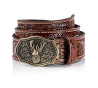 Schöneberger Trachten Couture Men's Traditional Belt, Handmade Leather - Unique Leather Belt with Deer Buckle - Hand-Carved Leather Trousers Belt Valentine, brown, Bundweite 90 (46-48)