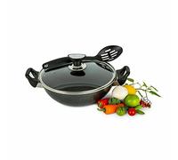 Schofield and Bloom Sonex Non Stick Double Handle Wok Glass Lid Deep Cooking Karahi Pot Pan Cookware Spoon | NonStick Shallow Cast Iron Pan (32cm)