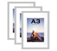 Scholar Tree Grey Wooden Picture Frame A3 with Mat,Set of 3, Mount for A4 Picture,Wall Mountable