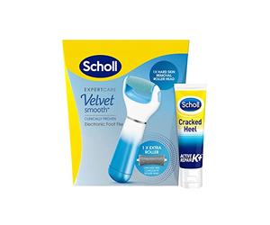 Scholl ExpertCare Velvet Smooth Bundle - Blue Velvet Smooth Electronic Foot File Pedi for Hard Skin and Callus Removal, Includes Scholl Cracked Heel Repair Cream with Active K+ Formula