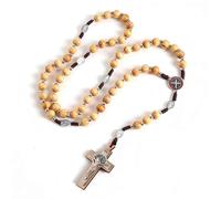 SCHONA Faith & Gospel Wooden Rosary Beads Necklace wood Saint Benedict Medal & Catholic Cross Religious Prayer Chaplet Available Handmade with gift box, 24.0 Inches, Wood Metal, No Gemstone