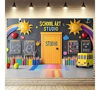 School Art Studio Backdrop Brush Classroom Chalkboard Photography Background for Classroom Decorations School Bus Kindergarten Online Teaching Teachers Classes Photoshoot Props (B, 7X5FT)